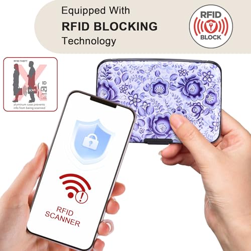 ELFISH Mini RFID Aluminum Wallet Credit Cards Holder Business Card Case Metal ID Case for Men Women (Camellia) - color: Camellia