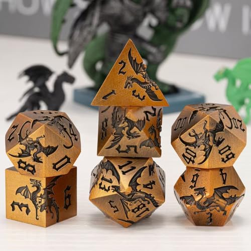 Metallic DND Dragon Dice Set,Sharp Edge Metal Polyhedral Dice with Dragon for Dungeons and Dragons RPG TTRPG D&D 7-Die Set with Gift Case - color: Dragon-antique Gold