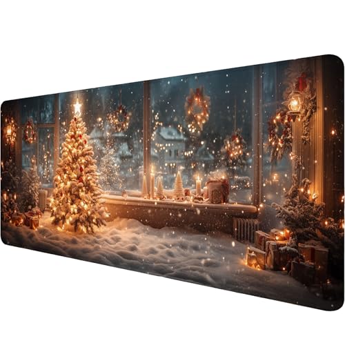 Christmas Tree Gaming Mouse Pad Desk Pad Candlelight Garland Snow Scene Large Gaming Mouse Mat with Stitched Edges,Non-Slip Waterproof Rubber Base Mouse Mat 31.5"x11.8" - color: Christmas-tree, size: 31.5" x 11.8"