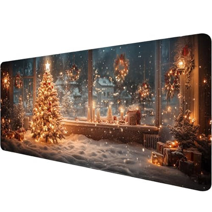 Christmas Tree Gaming Mouse Pad Desk Pad Candlelight Garland Snow Scene Large Gaming Mouse Mat with Stitched Edges,Non-Slip Waterproof Rubber Base Mouse Mat 31.5"x11.8" - color: Christmas-tree, size: 31.5" x 11.8"