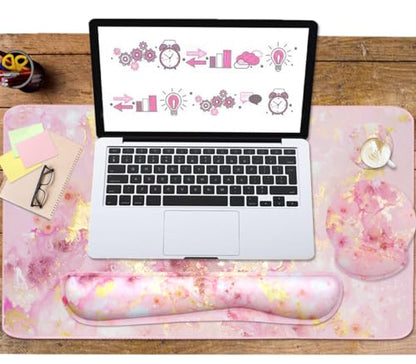 4-in-1 Gaming Mouse Pad Wrist Support Set，Desk Pad + Mouse Pad with Wrist Rest + Keyboard Wrist Rest + Coaster, Ergonomic Design for Home Office Study Game - Pink - color: 4 Pcs Pink