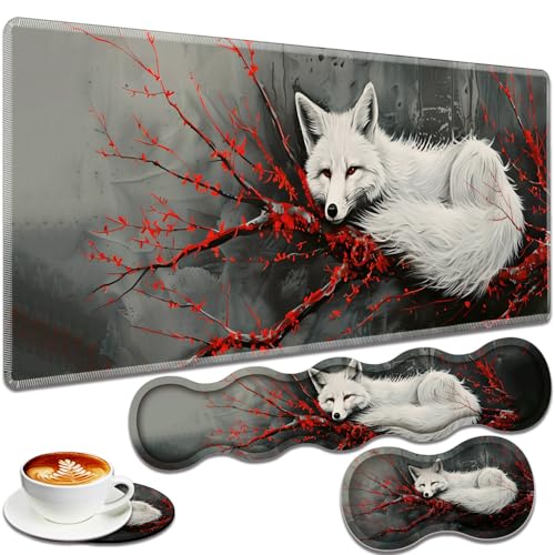 Large Gaming Mouse Pad + Keyboard Wrist Rest + Wrist Support + Coaster Set, Memory Foam Ergonomic for Easy Typing, XXL Extended Gaming Mouse Pad Table Pad - Red Branch and Fox - color: Red Branch and Fox