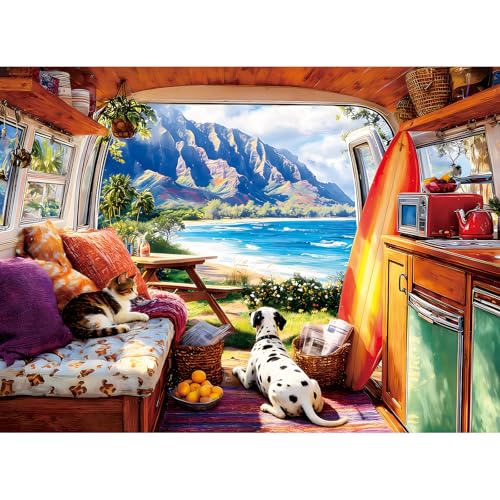 500 Piece Jigsaw Puzzle for Adults –Camper Van Dog Cat Jigsaw Puzzles 500 Pieces, RV Camping Puzzles for Adults 500 Pieces, Challenging Perfect for Game Nights, 20.5 X 15 in - color: Rv Camping