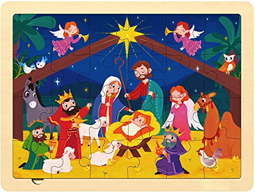 Nativity Scene Kids 24 Piece Puzzle for 3 Year Old | Unique Shape Jigsaw Pieces, Christmas Wooden Jigsaw Puzzles for Kids Ages 3-5, Preschooler Puzzle with Tray