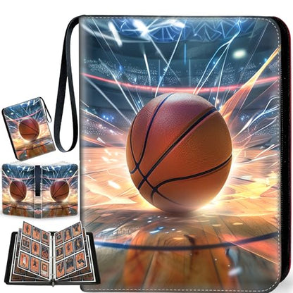 Basketball Card Binder with Sleeves, 9-Pocket Portable Card Protectors Album Holder Book with Zipper, Fits 900 Cards with 50 Removable Sleeves, Basketball Cards Display Storage Carrying Case -XS02 - color: Lanqiu-XS02-900 cards