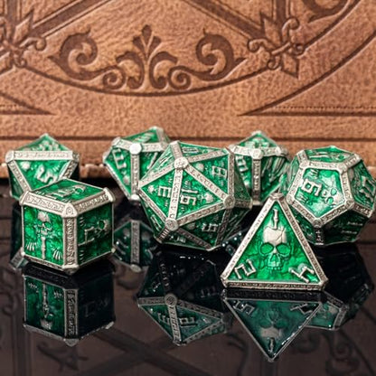 DND Metal Dice Set with Gift Box for D&D/MTG RPG Board Games(Green-Ranger) | Gothic Skull Theme, Skeletal Numerals, Runes Engraved on Edges, Nice Tactile Feel, Metallic Texture & Weight, Well-Balanced - color: Skull-green