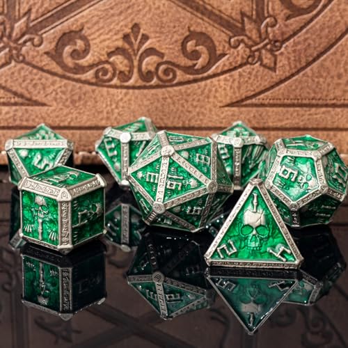 DND Metal Dice Set with Gift Box for D&D/MTG RPG Board Games(Green-Ranger) | Gothic Skull Theme, Skeletal Numerals, Runes Engraved on Edges, Nice Tactile Feel, Metallic Texture & Weight, Well-Balanced - color: Skull-green