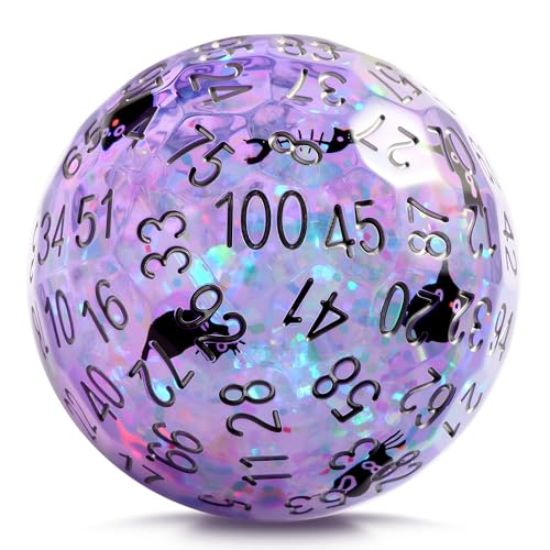DNDND 50mm Liquid Core D100 Dice with Embedded Cat Pattern Globe, Mystical Purple Quicksand 100 Sided, Big Resin Percentile Dice with Built-in Kitten Graphics, Unique Gift for Cat Lover D&D Gamer - color: Cat Purple
