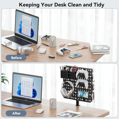 KDD 7 in 1 Clamp-on Desk Pegboard - No Drill Desk Side Storage with Phone Stand/Pen Holder/Storage Box/Headset & Controller Holder/Hooks, Detachable Gaming Pegboard for Office & Home Desktop Organizer