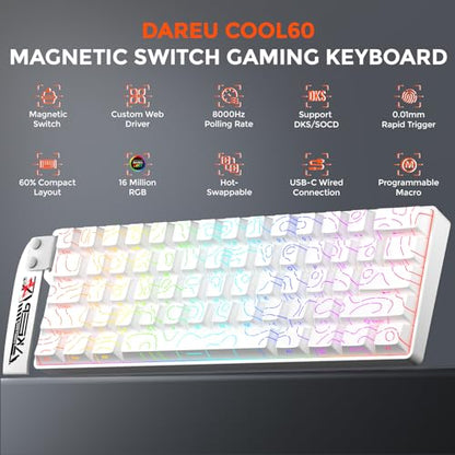 DAREU COOL60 60% Hall Effect Gaming Keyboard with Magnetic Switch, SOCD, 0.01mm Actuation Adjustable Rapid Trigger,8000 Hz Polling, Topographic PBT Keycaps, Hot-swap, RGB Backlit - color: White