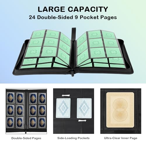 Prilino Ringless Trading Card Binder, 9 Pocket, 432 Storage Capacity, Blue | Premium Double-Sided PU Leather & Side Load Design, Smooth Page Turning, Tight Zip Closure, Conveniently Fits Sleeved Cards - color: Blue