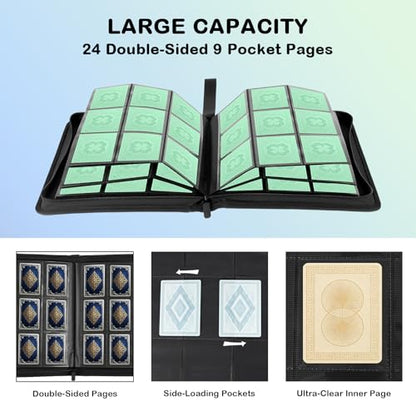 Prilino Ringless Trading Card Binder, 9 Pocket, 432 Storage Capacity, Blue | Premium Double-Sided PU Leather & Side Load Design, Smooth Page Turning, Tight Zip Closure, Conveniently Fits Sleeved Cards - color: Blue