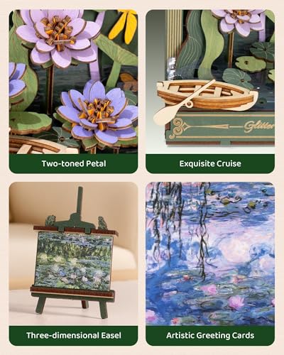 3D Wooden Puzzles for Adults Monet Water Lily DIY Model Building Kits with LED Light - Home Decor, Wall Art & Unique Creative Gifts for Art Lovers/Men/Women - style: Water Lily