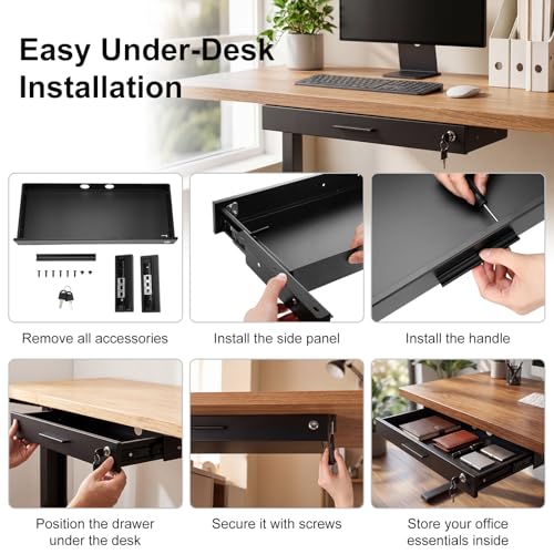 Menkxi 24'' x 9'' Under Desk Drawer Slide Out Storage Organizer, Lockable Metal Desk Drawer for Laptop and Office Accessories, Large Hidden Under Table Storage Box with Cable Management, Black - size: 24'' x 9''