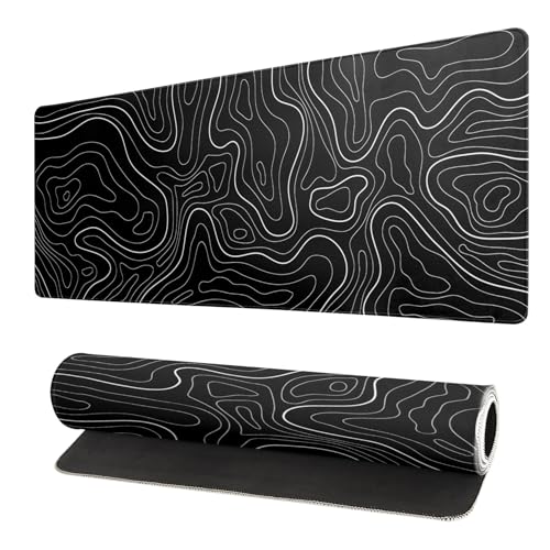 Topographic Contour Black Gaming Mouse Pad XL Geographic Map Lines Extended Big Large Desk Mat Non-Slip Rubber Base Stitched Edge Long Keyboard Mousepad for PC Computer Laptop,31.5x11.8 Inch - color: Black Topographic Contour