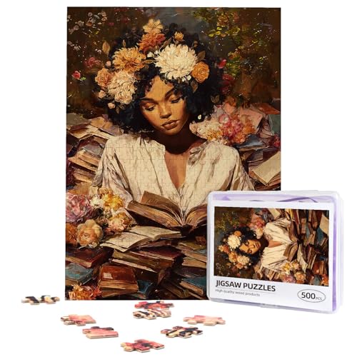 African American Woman Jigsaw Puzzles 500 Pieces for Adults Black Women Reading Book Wooden Puzzle with Letters on Back Challenging Family Activity Games - color: Afr Book 01, size: 500PCS