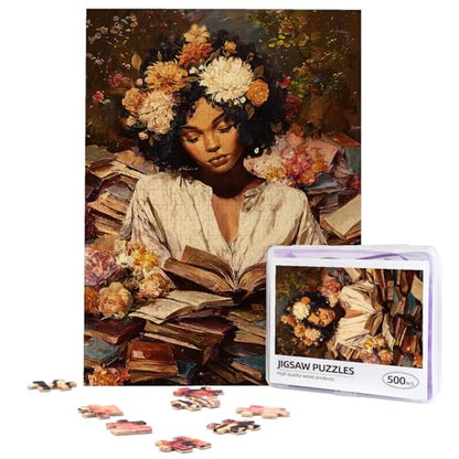 African American Woman Jigsaw Puzzles 500 Pieces for Adults Black Women Reading Book Wooden Puzzle with Letters on Back Challenging Family Activity Games - color: Afr Book 01, size: 500PCS