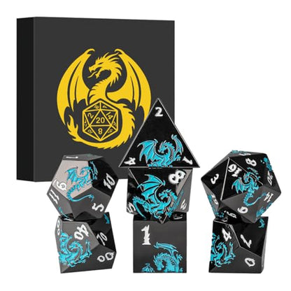 Metal Dice Set, Flat Face Black Blue Dragon Pattern, 7pcs Polyhedral Metal DND Dice Set, DND Starter Set, D&D Gifts with Gift Box, Role Playing Board Games Accessories, Black - color: Black +Blue