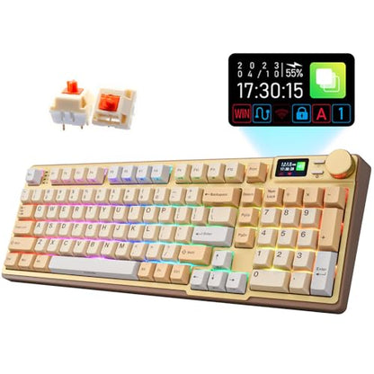 iRocks K85R Wireless RGB Backlit Mechanical Gaming Keyboard with LCD Display, Hot-Swappable Pre-lubed Brown Switches, 98 PBT Keys, USB-C Detachable Cable (Light Golden, Bubble Switch) - color: Light Golden