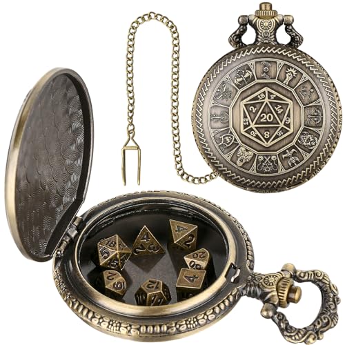 Keller & Weber Mini DND Dice Set, Center Number Dice Pocket Watch Case, 7 Piece Polyhedral Metal D&D Dice, DND Gifts with Gift Box, Role Playing Board Game Accessories, Bronze - color: Bronze