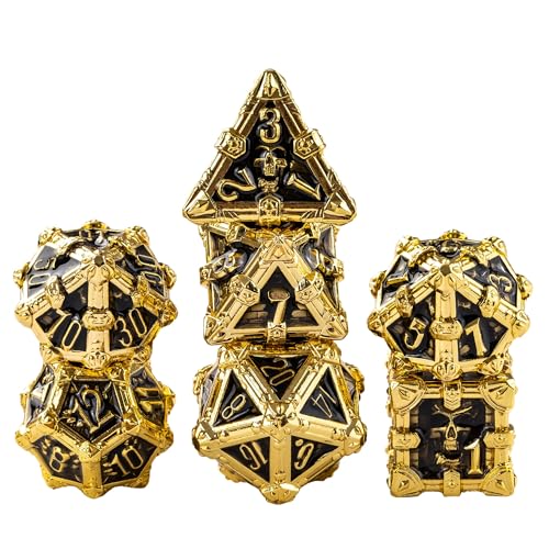 Metal Skull Dice Set with Skull Bag,7PCS Polyhedral Metal Dice Set for DND Role Playing Games(Gold Black) - color: Skull Gold Black