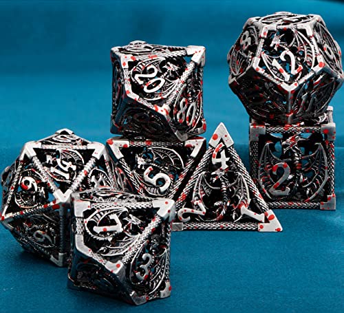 ARUOHHA Hollow DND Metal Dice Set Blood Dragons D and D Dice, RPG Role Playing Games Dungeons Polyhedral Dice with Gift Box D20 D12 D10 D8 D6 D4 - color: Blood Splash