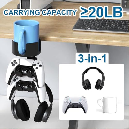 Under Desk Controller Holder Clamp Headphone Cup Organizer | under desk clamp-on controller holder, headphone hanger, desk cup holder, no-drill install, gaming desk organizer