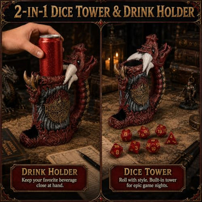 Dice Tower Mug, Dice Rolling Tower, Comes with 7 PCS Dice Set, Suitable for DND Dungeons and Dragons, Tabletop Games, Available As Drink Holder, D&D Gifts, DND Accessories (Gray-red Dragon) - color: Gray-red Dragon