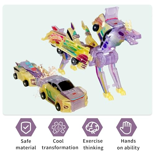 Crystal Transforming Dinosaur Car Toy 2-in-1 Transparent Magnetic Cars Convert to Dinosaur Robot, See-Through Crash-Activated Deformation Toy No Battery, for Kids 3-12 (Crystal) - color: Crystal