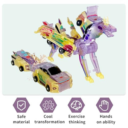 Crystal Transforming Dinosaur Car Toy 2-in-1 Transparent Magnetic Cars Convert to Dinosaur Robot, See-Through Crash-Activated Deformation Toy No Battery, for Kids 3-12 (Crystal) - color: Crystal