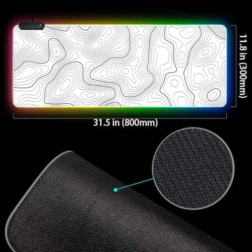 RGB Mouse Pad LED Desk Mat Large Gaming Mousepad White with Black Topographic Line Design, Keyboard Pad XL Mouse Mat for Home and Office(White with Black Topographic Line) - color: White With Black Topographic Line Mousepad With Led Large Mousepad