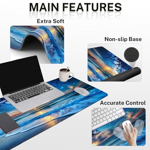 Britimes Blue Sea and Starry Sky Keyboard Mouse Pad Set 4in1 Large Mousepad+Keyboard Wrist Rest+Mouse Wrist Rest+Coaster Set with Ergonomic Design for Home Office Computer 35.4x15.7 inches - color: Blue Sea and Starry Sky