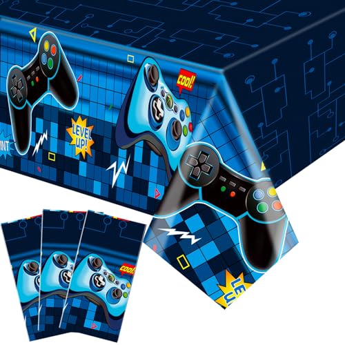Video Game Rectangular Tablecloth, 3 Pcs Blue PE Plastic Disposable, 54'' x 108'', for Boys Gamer Birthday Party Decorations | Disposable PE plastic covers for boys' gamer birthdays, arcade parties, e-sports events, game rooms, and outdoor picnics