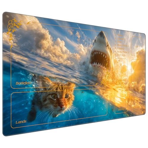 DEGDFSGR for MTG Playmat with Zones 24 x 14 inches for TCG Playmats Non-Slip Rubber Base Commander Play Mat for MTG Mat Iorcana Trading Card Game, Cat White Shark Sunset - color: Cat White Shark Sunset, size: 24" x 14"