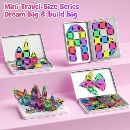 WMDXU Mini Magnetic Tiles Girls: Travel Building Set with Iron Box for 3+ | 42PCS On-the-Go Travel Toy, Strong Magnets Hold Tiles Upside Down without Falling, Iron Box Storage, for Girls 3-8 - style: Mini Magnetic Tiles