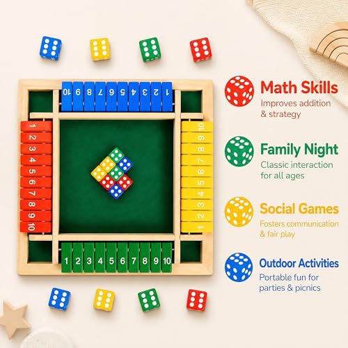 Shut The Box Math Board Game Wooden Dice Toy for 1-4 Players Kids Adults | Montessori STEM Education, Fine Motor Skills, Hand Eye Coordination, Preschool Development, Family Night, Camping Activity