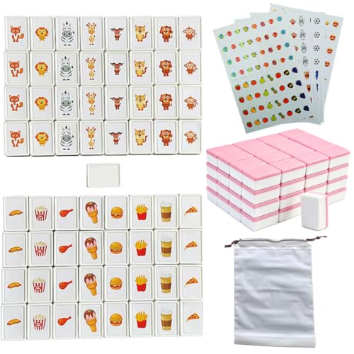 65 Tiles 30mm Seaside Game Blocks, Vita Game, Tiles Escape Game for Kids in ABS Plastic Material Set with 4 DIY Stickers Plastic Mahjong Style, Simple Packaging (Pink) - color: Pink