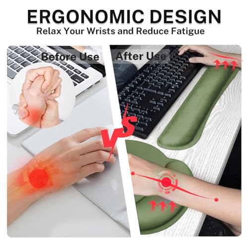 Britimes Olive Green Keyboard Mouse Pad Set 4in1 Large Mousepad+Keyboard Wrist Rest+Mouse Wrist Rest+Coaster Ergonomic Design for Home Office Computer 35.4x15.7Inches - color: Olive Green