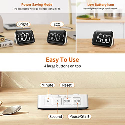 VOCOO Magnetic Kitchen Timer for Cooking with Count Up Countdown, Digital Timer Battery Powered with Large Display, 2 Brightness and Volume Levels for Classroom, Teacher, Kids - color: Cool White