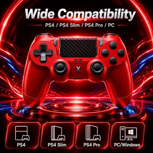 BJXOZ Wireless Controller for PS4 Controller, Gamepad with Dual Vibration | 1000mAh, Six-axis Gyroscope Sensor, USB-C Port, Speaker, 3.5mm Headphone Jack, Touchpad, Compatible with PS4/Slim/Pro/PC - color: Red