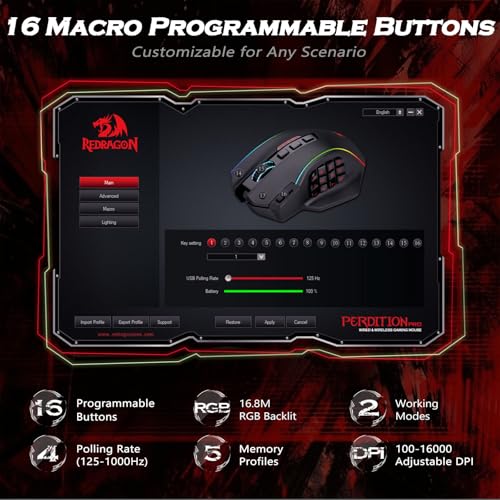 Redragon Wireless Gaming Mouse, MMO Gaming Mouse UP 16,000 DPI, 16 Macro Programmable Buttons, RGB Rechargeable with 12 Side Buttons, 70Hrs for PC Laptop MOBA FPS, M901P-KS - color: black