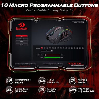 Redragon Wireless Gaming Mouse, MMO Gaming Mouse UP 16,000 DPI, 16 Macro Programmable Buttons, RGB Rechargeable with 12 Side Buttons, 70Hrs for PC Laptop MOBA FPS, M901P-KS - color: black