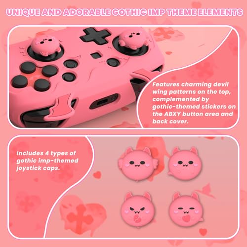 playvital Gothic Imp Series Cute Silicone Case for Nintendo Switch Pro Controller with 4 Thumb Grip & 2 Sticker, Non-Slip Anti-Scratch Protective Silicone Skin Cover - Peach Pink - color: Peach Pink