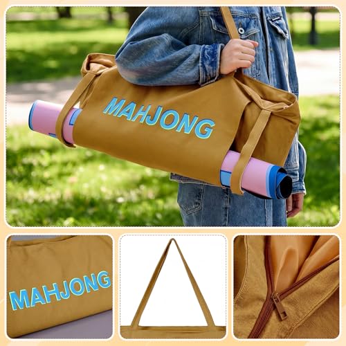 Abbylike 28x9 Inches Mahjong Bag for Rolled Mat Tiles Racks Pushers Accessories Empty Mahjong Tote Bag with Zipper Closure Outer Pockets Lining Large Capacity(Brown,Canvas) - color: Brown