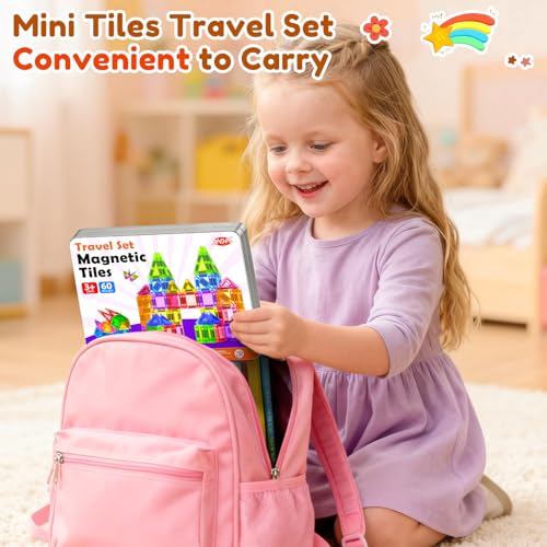 60PCS Mini Magnetic Tiles for Kids Ages 3-5 4-8 with Iron Box Travel Magnet Building Kids Toys for 3 4 5 6 7 8 Year Old Boys Girls Toddler Creativity Construction Sensory Valentines Birthday Gifts