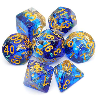 Haxtec DND Dice Set 7PCS Polyhedral D&D Dice for Roleplaying Games, Blue Clear Gold Foil Resin Dice with Velvet Pouch for Dungeons and Dragons, Great DND Gift for Gamers & DM Masters - color: Blue Clear