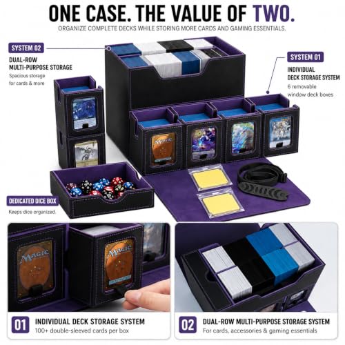 MTG Deck Box for Commander & TCG, Trading Card Storage Box with Handle | 7-in-1 Cards Deck Case with dual-sided windows, 2-layer design, 6 deck case, 1 dice tray, 6 magnetic holders & accessories - color: Super Large - Black Purple
