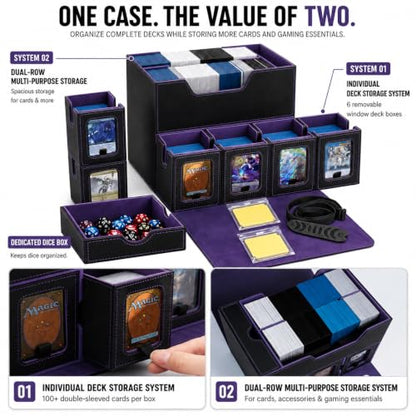 MTG Deck Box for Commander & TCG, Trading Card Storage Box with Handle | 7-in-1 Cards Deck Case with dual-sided windows, 2-layer design, 6 deck case, 1 dice tray, 6 magnetic holders & accessories - color: Super Large - Black Purple