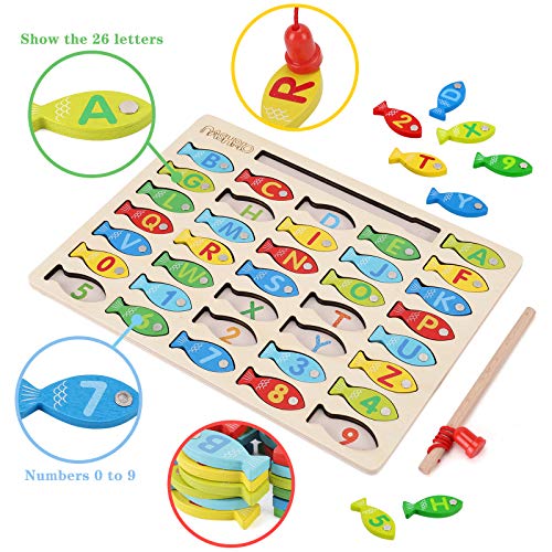 Magnetic Wooden Fishing Game Toy for Preschoolers, Alphabet Fish Catching Counting Games Puzzle with Numbers and Letters, Preschool Learning ABC and Math Educational Toys for 3 4 5 Years Old Kids - color: Multicolor