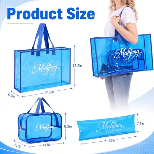 3 Pcs Clear Mahjong Bag Set, Waterproof PVC Tote Bags with Zipper Closure Large Medium Carry Bag with Storage Pouch Transparent Organizer for Mahjong Tiles, Travel,Game(Blue) - color: Blue